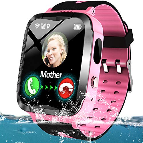 Kids Smart Phone Watch IP67 Waterproof GPS Tracker Watch for 3-12 Year Girls Boys Two-Way Call SOS Micro Chat Camera Games Swim Camp Activity Tracker Electronic Learning Toy Holiday Birthday Gifts