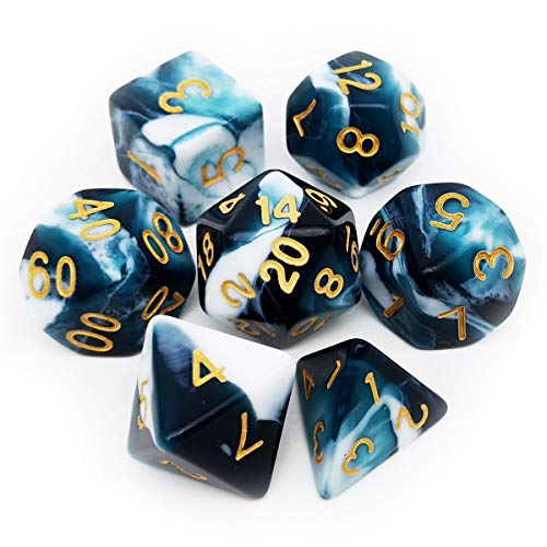 Haxtec Swirl DND Dice Set 7PCS Polyhedral D&D Teal Dice for Roleplaying Dice Games as Dungeons and Dragons (Teal White)