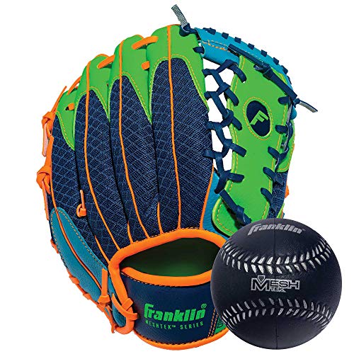 Franklin Sports Teeball Glove - Left and Right Handed Youth Fielding Glove - Meshtek Series - Synthetic Leather Baseball Glove - Ready To Play Glove - 9.5 Inch Right Hand Throw with Ball - Navy/Lime/Orange