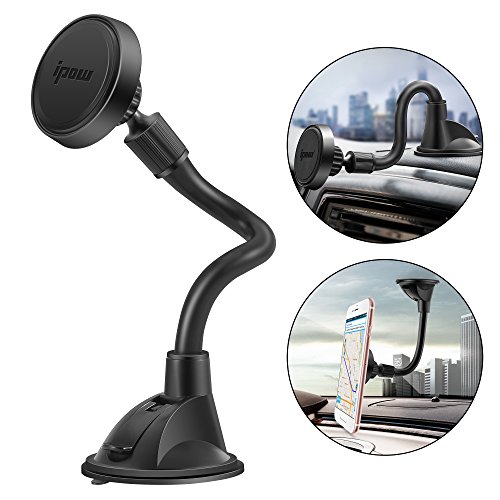 IPOW Long Arm Universal Magnetic Cradle Windshield Dashboard Cell Phone Mount Holder with 4 Metal Plates, Soft Firm Goose Arm and Enhanced Suction Cup