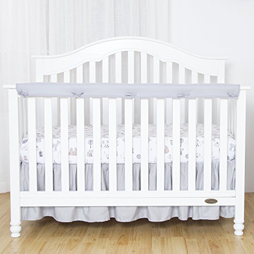 TILLYOU 1-Pack Padded Baby Crib Rail Cover Protector Safe Teething Guard Wrap for Long Front Crib Rails(Measuring Up to 8' Around), 100% Silky Soft Microfiber Polyester, Reversible, White/Pale Gray