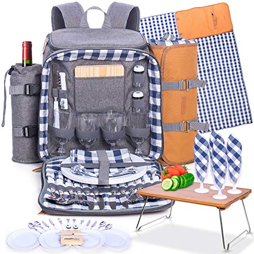 Romali’s Family Picnic Backpack for 4 - Insulated - Gray - Fully Equipped with Plates Cutlery Non-breakable Glasses Chopping Board Bottle Opener Plus Waterproof Blanket with an Extra Serving Tray