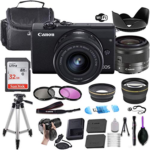 Canon EOS M200 Mirrorless Digital Camera (Black) w/EF-M 15-45mm f/3.5-6.3 is STM + Wide-Angle and Telephoto Lenses + Portable Tripod + Memory Card + Commander Optics Deluxe Accessory Bundle