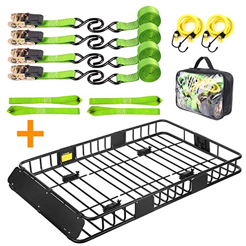 Leader Accessories Roof Rack Cargo Basket Set, Car Top Luggage Holder 64'x 39'x 6' + Multifunction Cargo Ratchet Tie Down Straps with 500lb Load Strength(Green), Includes 2pcs Bungee Cord