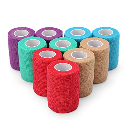 Self Adherent Wrap, 3 Inches x 5 Yards, 10 Rolls, Medical Tape, Self Adhesive Bandage Wrap, Elastic Cohesive Bandage, Flexible First Aid Tape for Sprain Swelling and Soreness, Assorted Color