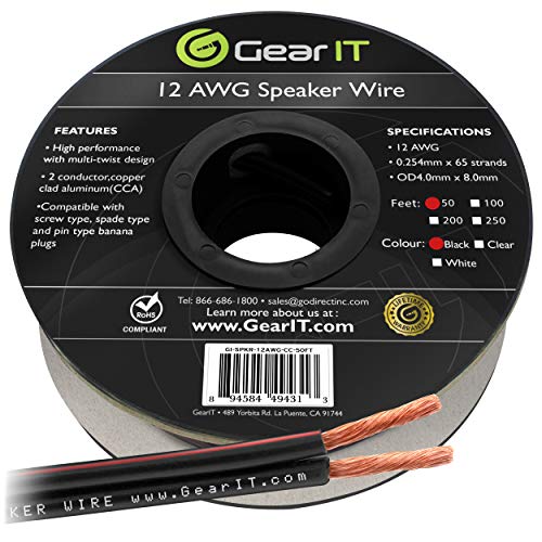 12AWG Speaker Wire, GearIT Pro Series 12 AWG Gauge Speaker Wire Cable (50 Feet / 15.24 Meters) Great Use for Home Theater Speakers and Car Speakers Black