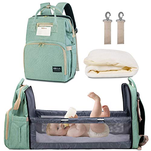 Happy Luoka Diaper Bag with Bassinet, Diaper Backpack Nappy Bag with Bed Cyan