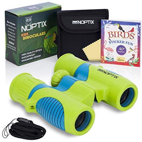 Kids Binoculars Real Binoculars in 2 Different Vibrant Color Options for Boys and Girls - BONUS Sticker Book of 40+ Birds with Species Names - Green & Blue