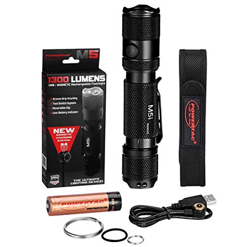PowerTac M5 Tactical Flashlight, 1300 Lumens LED Flashlight, CREE XM-L2 U3 Flashlights High Lumens, Rechargeable Flashlight with USB Magnetic Charging Cable & 18650 Battery (Holster included)