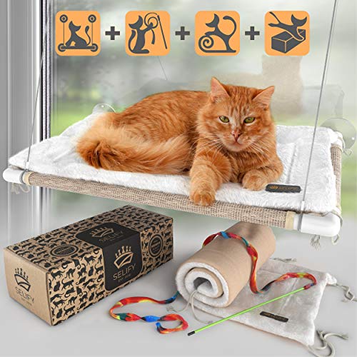 Cat Window Perch - Free Fleece Blanket and Toy – Extra Large and Sturdy – Holds Two Large Cats – Easy to Assemble!