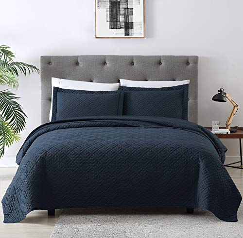EXQ Home Quilt Set Full Queen Size Navy 3 Piece,Lightweight Microfiber Coverlet Modern Style Squares Pattern Bedspread Set