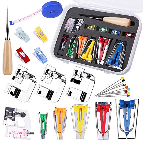 Bias Tape Tool Kit with Instruction, 5 Sizes Bias Tape Maker (6mm 9mm 12mm 18mm 25mm) with 4 Pcs Sewing Machine Presser Foot, Sewing Clips, Ball Point Pins, Awl, for Fabric Sewing and Quilting
