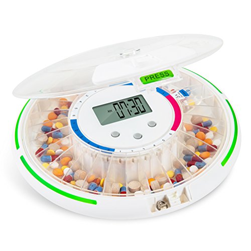 LiveFine Automatic Pill Dispenser with 28-Day Electronic Medication Organizer, 6 Dosage Templates, LCD Display, Sound & Light Alerts & Key for Prescriptions, Vitamins, Supplements & More (Clear Lid)