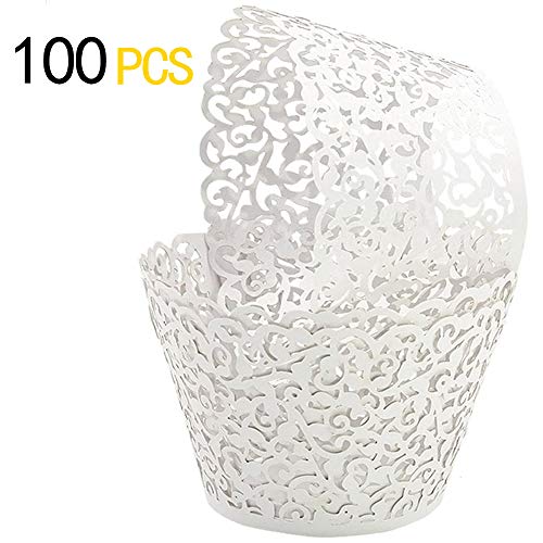 GOLF 100Pcs Cupcake Wrappers Artistic Bake Cake Paper Filigree Little Vine Lace Laser Cut Liner Baking Cup Wraps Muffin CaseTrays for Wedding Party Birthday Decoration (White)