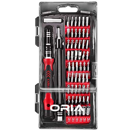 ORIA Precision Screwdriver Kit, 60 in 1 with 56 Bits Screwdriver Set, Magnetic Driver Kit with Flexible Shaft, Extension Rod for Mobile Phone, Smartphone, Game Console, Tablet, PC, Red