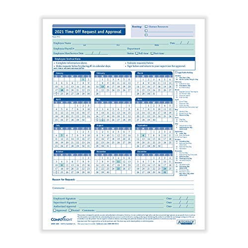 ComplyRight 2021 Time Off Request and Approval Calendar, Pack of 50