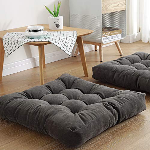 Square Floor Seat Pillows Cushions 22' x 22', Soft Thicken Yoga Meditation Cushion Pouf Tufted Corduroy Tatami Floor Pillow Reading Cushion Chair Pad Casual Seating for Adults & Kids, Dark Grey