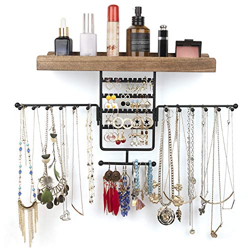 Jewelry Organizer Wall Mounted Rotating Jewelry Holder Hanging Storage Display for Necklaces Bracelet Earring Ring (Carbonized Black)