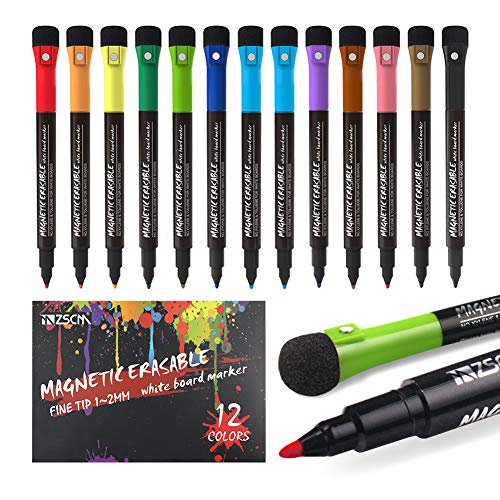 ZSCM 12 Colors Magnetic Fine Tip Dry Erase Markers with Erasers, Low Odor Fine Point Erasable Whiteboard Marker Pen for Classroom Work Office Supplies