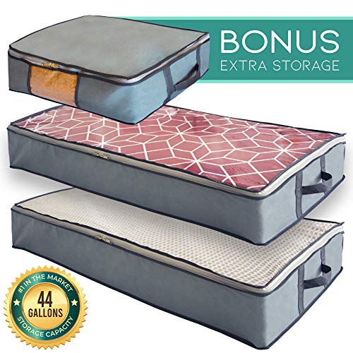 Undercover Cubes 3 Under Bed Storage Bins, Underbed Storage Containers with Clear Windows and Reinforced Handles by Mill & Mint, Gray