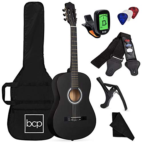 Best Choice Products 38in Beginner All Wood Acoustic Guitar Starter Kit w/Case, Strap, Digital Tuner, Pick, Strings - Matte Black