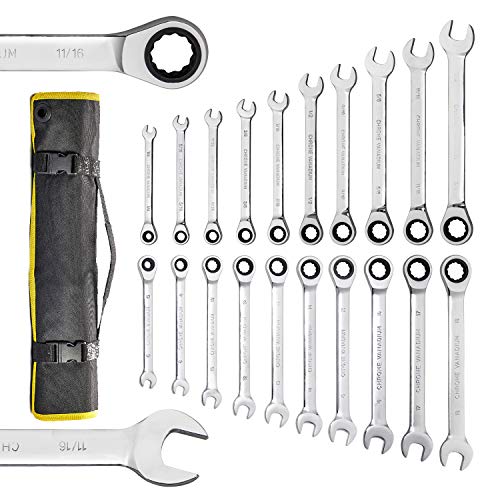 Yashong 20-Piece SAE & Metric Ratcheting Wrench Set, Professional Chrome Vanadium Steel Combination Ended Standard Kit with Portable Suspended Canvas Bag