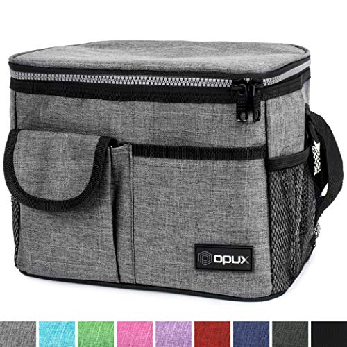 OPUX Insulated Lunch Box, Lunch Bag for Men Women | Soft Leakproof Lunchbox for Kids School Work | Reusable Thermal Lunch Cooler, Shoulder Strap, 4 Pockets | Fits 14 Cans, Heather Gray