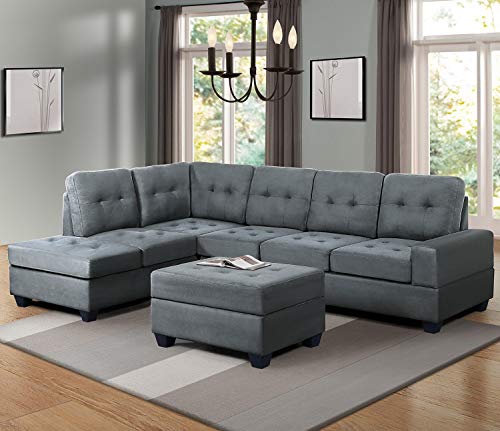 Sectional Sofa Sets with Chaise Lounge and Ottoman Storage 3-seat Sofa Couch for Living Room (Dark Gray)