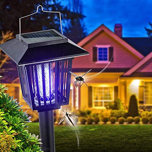 New & Improved Solar Powered Zapper- Enhanced Outdoor Flying Insect Killer- Hang or Stake in The Ground- Cordless Garden Lamp- Portable LED Machine- Best Stinger for Mosquitoes/Moths/Flies (Black)