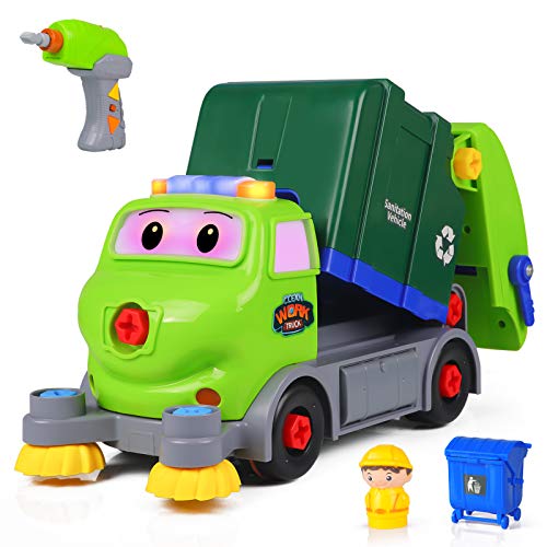 DX DA XIN Take Apart Vehicle Toys, DIY Garbage Truck with Built-in Lights and Music Electric Drill STEM Assembly Toy for Kids Boys Girls Remote Control Play-Set Gift
