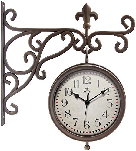 Infinity Instruments Beauregard 8 inch Outdoor Clock Thermometer Combo for Patio Porch Garden Outdoor Decorative Double-Sided Resin Clock Thermometer Wall Hanging with Bracket