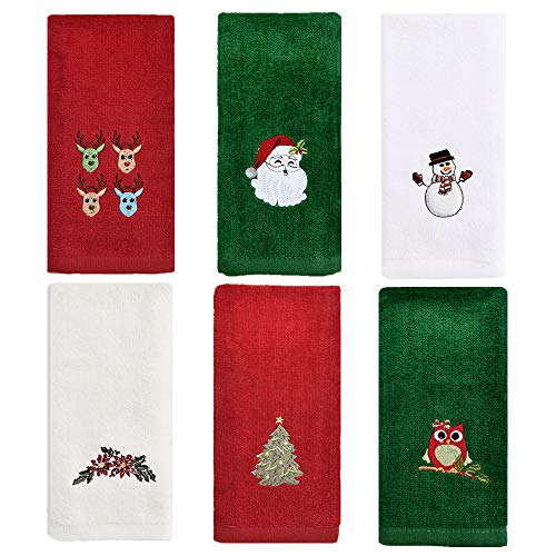 Christmas Kitchen Towels Set of 6, Cotton Christmas Hand Towels for Bathroom, Embroidery Design Holiday Tea Towels Fingertip Towels, Soft Kitchen Dish Towel, 12x18' (Red Green White)