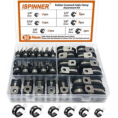 ISPINNER 52pcs Cable Clamps Assortment Kit, 304 Stainless Steel Rubber Cushion Pipe Clamps in 6 Sizes 1/4' 5/16' 3/8' 1/2' 5/8' 3/4'