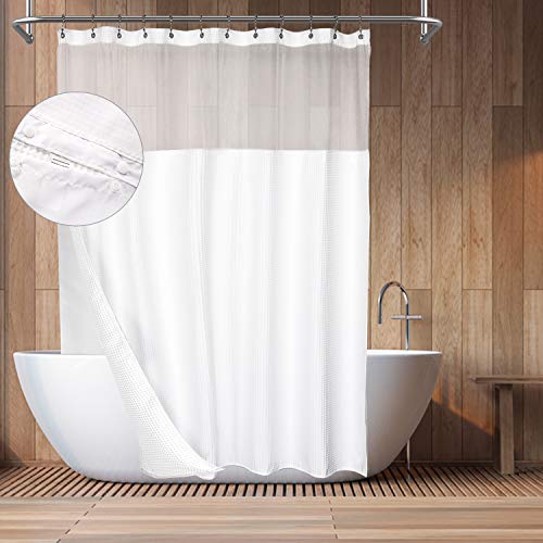 Hotel Style Cotton Shower Curtain with Snap-in Fabric Liner, Mesh Window Top, Honeycomb Waffle Weave Cotton Blend Fabric, Washable, White, 71x72 Inches