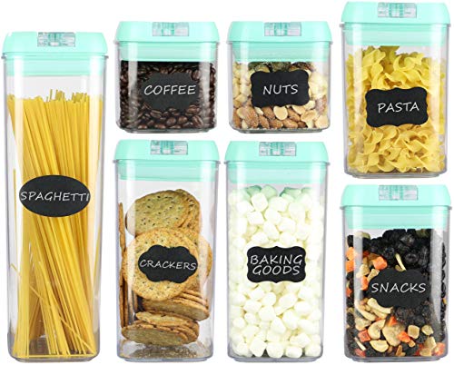 Airtight Food Storage Containers – 7 pc Set - Shatterproof Plastic Food Containers - Green Airtight Lids – BPA Free Food Storage Boxes for Kitchen Pantry, Includes 24 Chalkboard Labels and Marker