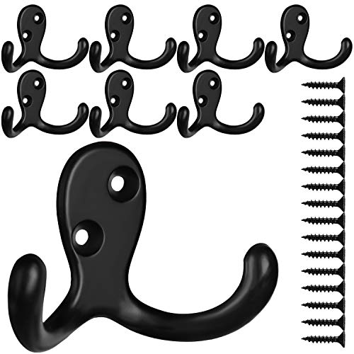 8 Pack Heavy Duty Double Prong Coat Hooks Wall Mounted with 16 Screws Retro Double Robe Hooks Utility Hooks for Coat, Scarf, Bag, Towel, Key, Cap, Cup, Hat (Black)
