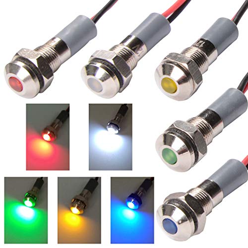 FICBOX 5pcs LED Metal Indicator Light 6mm 1/4' 12V Waterproof Signal Lamp Power Work Light for Pilot Dash Car Truck Boat