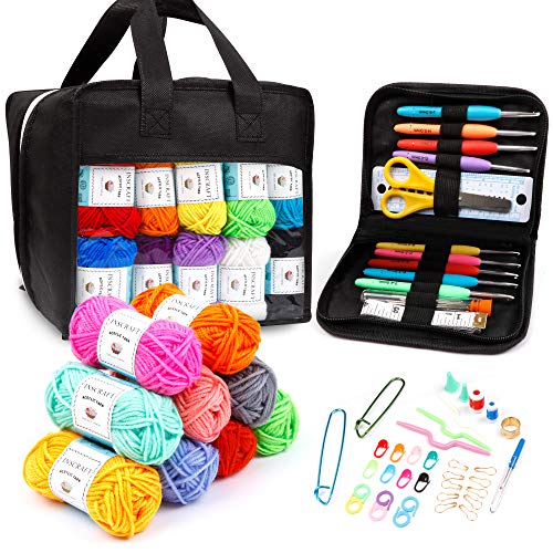 40 Acrylic Yarn Skeins with Crochet Hook Kit, 1600 Yards Crochet Yarn with Crochet Accessories Kit Including Ergonomic Hooks, Scissors, Knitting Needles, Stitch Markers & More
