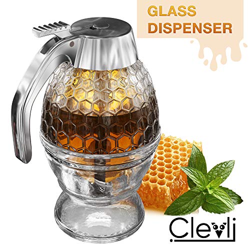 Bottom Flow Honey Dispenser No Drip Glass. 8oz for Easy Pouring of Syrup, Sugar, Sauces, Condiments. Handy Stopper in Bottom, Quick Fill