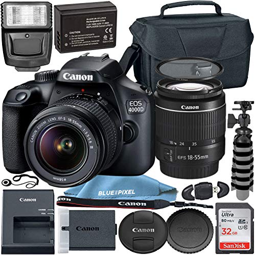 Canon EOS 4000D w/EF-S 18-55mm f/3.5-5.6 III Lens with Professional Accessory Bundle - Includes: 32GB SD Card, Spare LPE10 Battery, Slave Flash, Large Camera Case & Much More