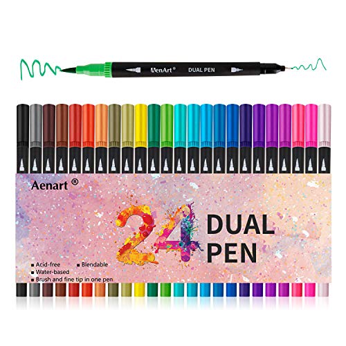 Dual Tip Art Marker Pens Fine Point Journal Pens & Colored Brush Markers for Kid Adult Coloring Books Drawing Planner Calendar Art Projects (24 Colors)