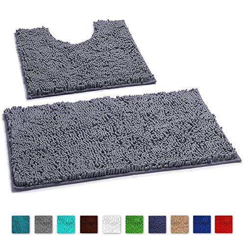 LuxUrux Bathroom Rugs Luxury Chenille 2-Piece Bath Mat Set, Soft Plush Anti-Slip Bath Rug +Toilet Mat.1'' Microfiber Shaggy Carpet, Super Absorbent (Curved Set, Dark Gray)