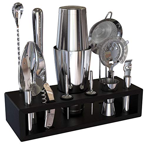 Highball & Chaser Bartender Kit with Espresso Bamboo Stand Cocktail Shaker Set with Bar Tools Stainless Steel Boston Shaker Bartender Kit with Stand (Silver)