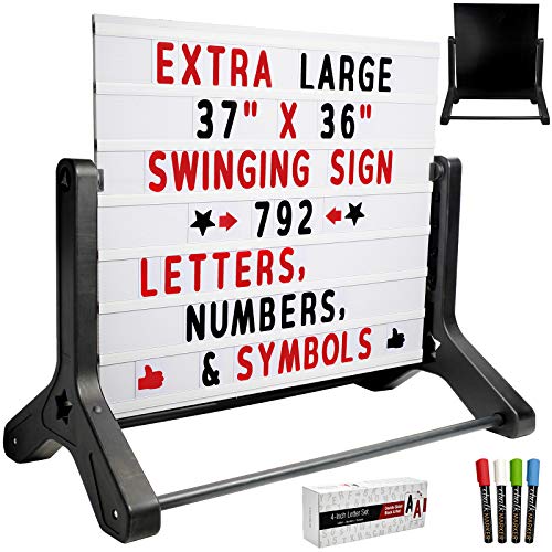 Swinging Changable Message Sidewalk Sign: 37' x 36' Sign with 792 Pre-Cut Double Sided Letters and Storage Box. Includes Black Sign Board & 4 Liquid Chalkboard & Letter Board