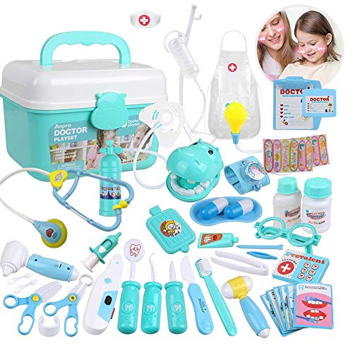 Goodking 45 Pieces Educational Doctor Pretend Play Toy Set Dentist Medical Kit with Storage Box & Lights & Sounds for Girls/ Boys/ School Classroom/ Doctor Roleplay/ Costume Dress-Up