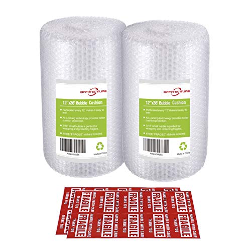 2-Pack Bubble Cushioning Wrap Rolls, 3/16' Air Bubble, 12 Inch x 72 Feet Total, Perforated Every 12', 20 Fragile Stickers Included