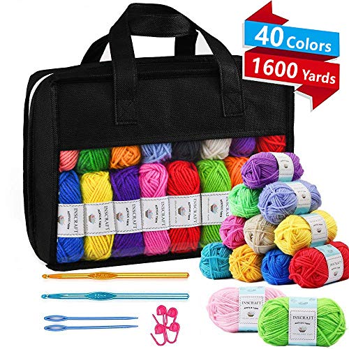40 Acrylic Yarn Skeins, 1600 Yards Crochet Yarn with Reusable Storage Bag Includes 6 E-Books, 2 Crochet Hooks, 2 Weaving Needles, 4 Locking Stitch Markers for Crochet & Knitting by Inscraft