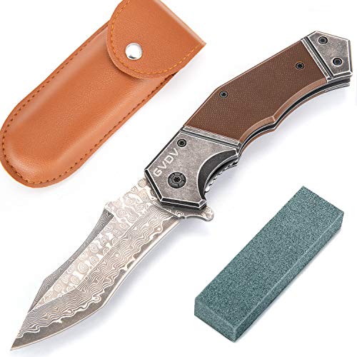 GVDV Damascus Folding Pocket Knife, Tactical Knife Spring Assisted Opening with G10 Handle, Camping Hunting Fishing for Men, Safety Liner-Lock, Belt Clip, Leather Sheath, Whetstone