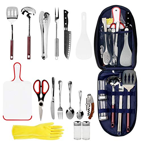 Oaoleer Camping Cookware Camp Kitchen Utensil，16-Piece Stainless Steel Outdoor Cooking and Grilling Utensil Organizer Travel Set Perfect for Travel, Camping, BBQs, Parties, Potlucks and More