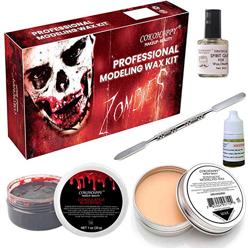 COKOHAPPY Halloween Party Stage Special Effects Wound Scar Nude Color Putty/Wax (1.76oz) + Fake Scab Blood (0.7oz) + Oil (0.17oz) + Spirit Gum Adhesive + Spatula Tool Family Makeup Kit